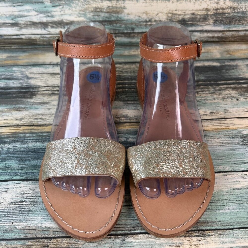 NICCOLO VACARI Strappy Sandals Womens 6.5 Brown/Gold Leather Ankle Strap Flat